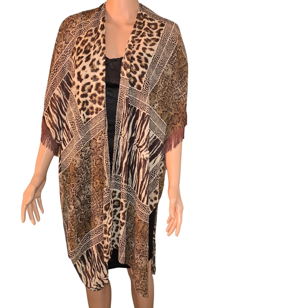Jessica McClintock Mixed Animal Print‎ Kimono Duster Shawl Fringe One Size